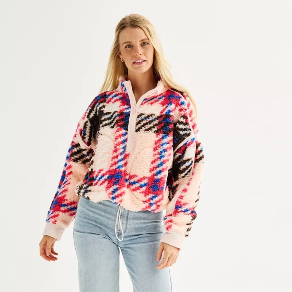 NWT Women's Cozy Pullover Plaid Sherpa Quarter-Zip size M